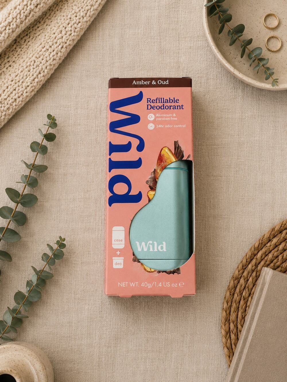 Wild Cosmetics Amber & Oud Refillable Deodorant & Green Case New in BOX SEALED